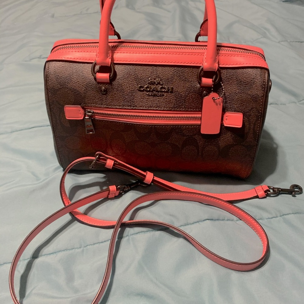 COACH ROWAN SATCHEL CANVAS BROWN/PINK 83607